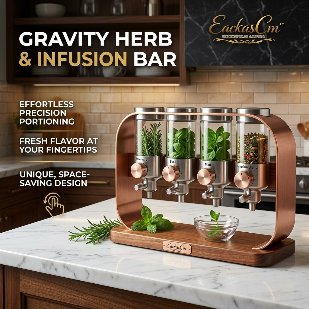 EackasCm™ Gravity Herb & Infusion Bar – Premium 4-Canister Spice Dispenser with Precision Portioning Control, Elegant Rose Gold Frame & Solid Wood Base, Airtight Countertop Organizer for Dry Herbs, Spices, Loose Leaf Tea & Botanicals