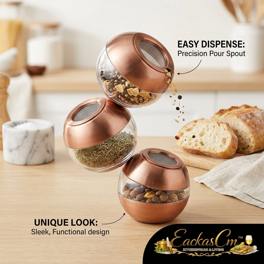EackasCm™ 3-Piece Copper and Glass Spice Jar Set - Modern Spherical Seasoning Bottles with Precision Pour Spout & Fine Mesh Shaker Lid, Aesthetic Salt and Pepper Shakers for Kitchen Countertop & Cabinet Storage