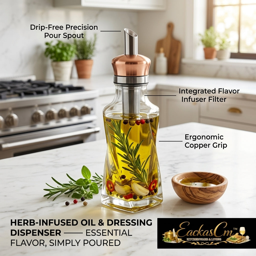 EackasCm™ Herb-Infused Oil and Dressing Dispenser – Premium Glass Olive Oil Bottle with Removable Infuser Filter, Drip-Free Pour Spout, and Elegant Copper Grip | Aesthetic Kitchen Cruet for Salad Dressing, Marinades & Vinaigrettes