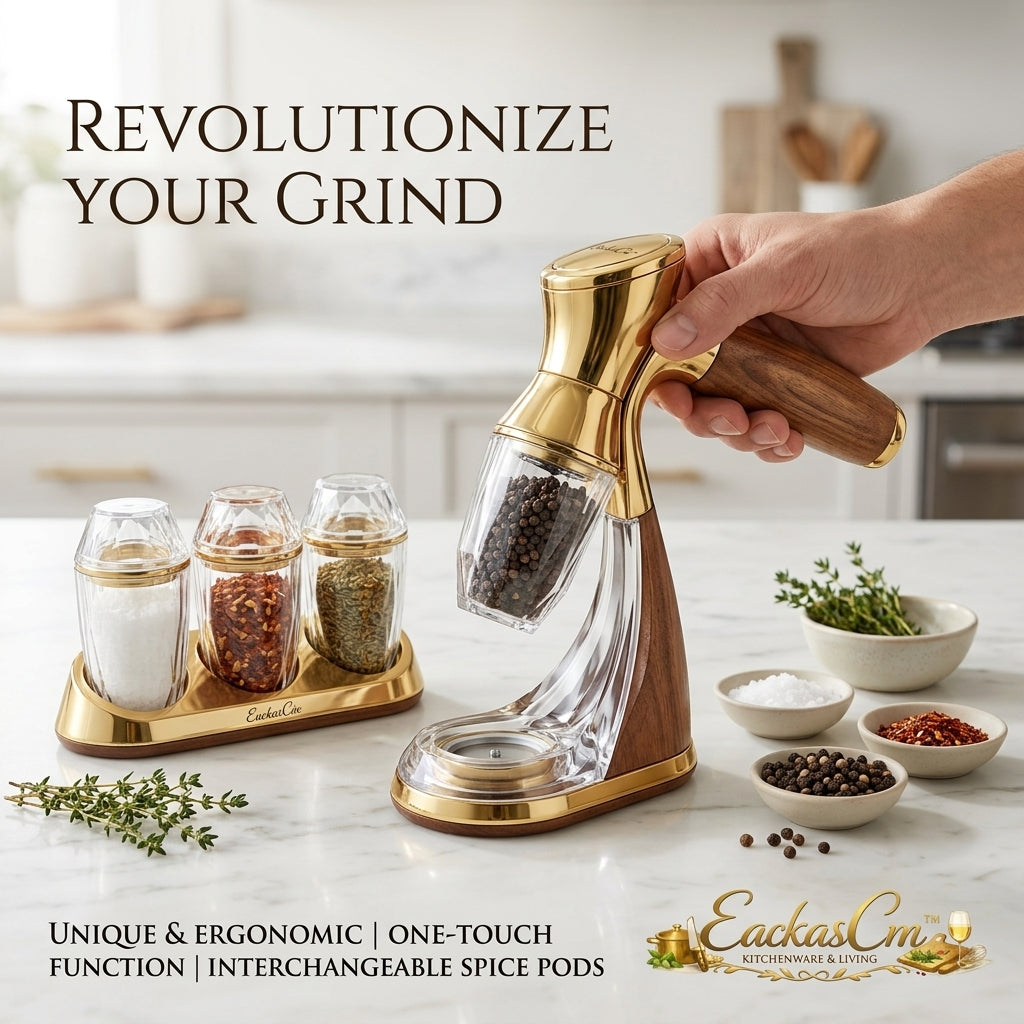 EackasCm™ Electric Spice Grinder Set - Automatic Salt and Pepper Mill with 3 Interchangeable Spice Pods & Storage Base | One-Touch Ergonomic Walnut Wood & Gold Pepper Grinder for Kitchen & Dining