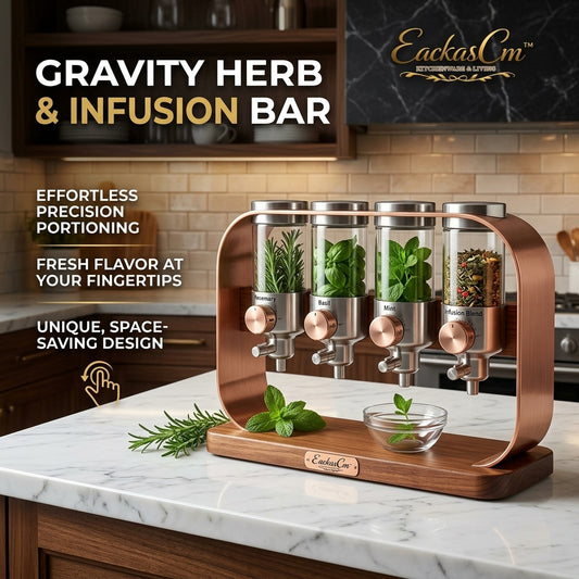 EackasCm™ Gravity Herb & Infusion Bar – Premium 4-Canister Spice Dispenser with Precision Portioning Control, Elegant Rose Gold Frame & Solid Wood Base, Airtight Countertop Organizer for Dry Herbs, Spices, Loose Leaf Tea & Botanicals