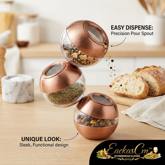 EackasCm™ 3-Piece Copper and Glass Spice Jar Set - Modern Spherical Seasoning Bottles with Precision Pour Spout & Fine Mesh Shaker Lid, Aesthetic Salt and Pepper Shakers for Kitchen Countertop & Cabinet Storage