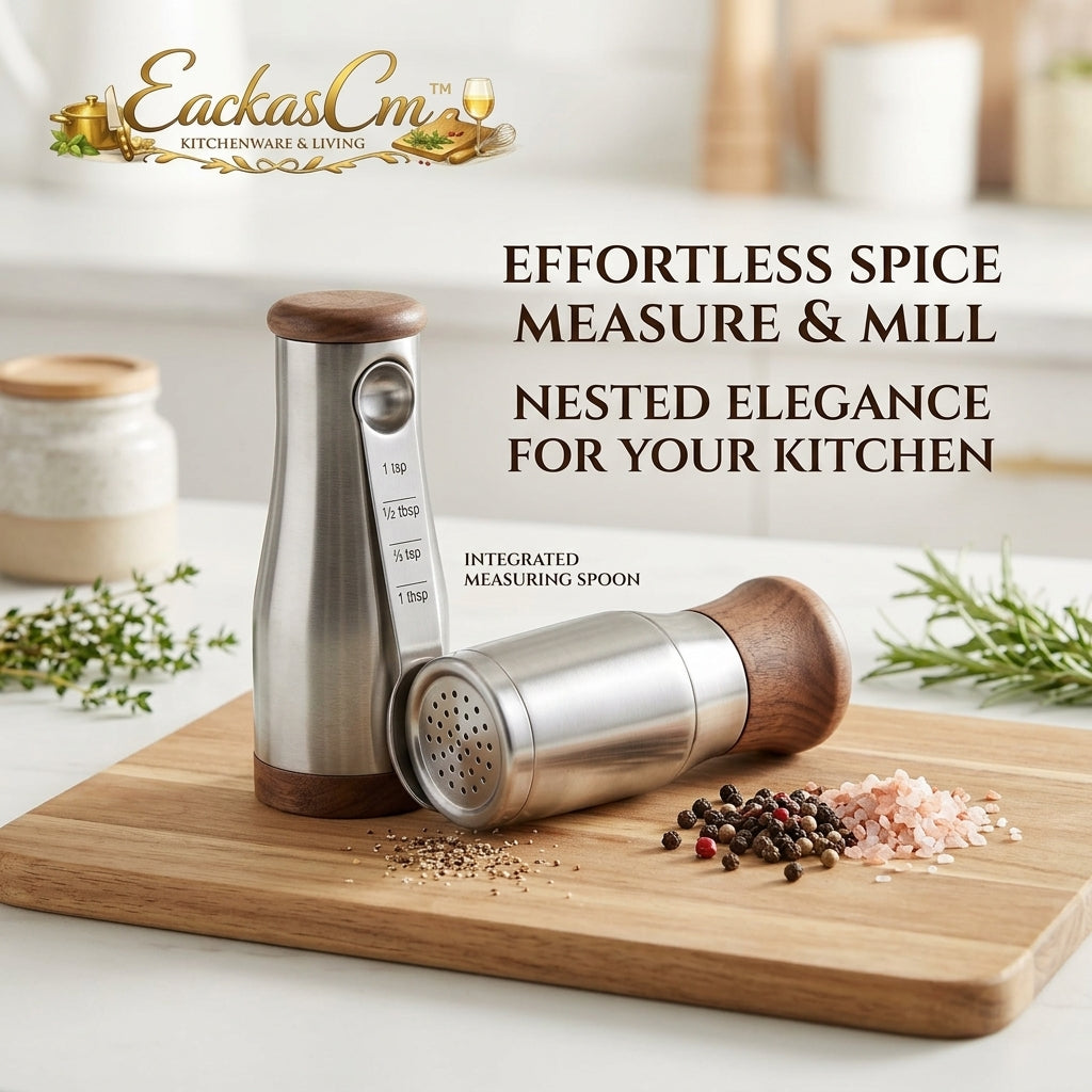 EackasCm™ Nested Salt and Pepper Grinder Set with Integrated Measuring Spoon - Premium Stainless Steel & Walnut Wood Spice Mill, Space-Saving Magnetic Nested Pepper Mill and Salt Shaker Combo, Luxury Kitchen Gadgets & Housewarming Gift
