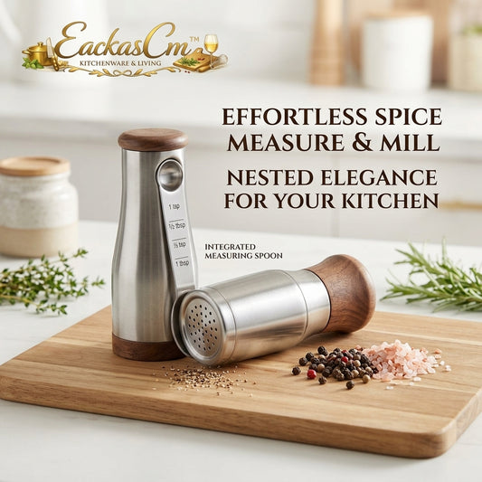 EackasCm™ Nested Salt and Pepper Grinder Set with Integrated Measuring Spoon - Premium Stainless Steel & Walnut Wood Spice Mill, Space-Saving Magnetic Nested Pepper Mill and Salt Shaker Combo, Luxury Kitchen Gadgets & Housewarming Gift