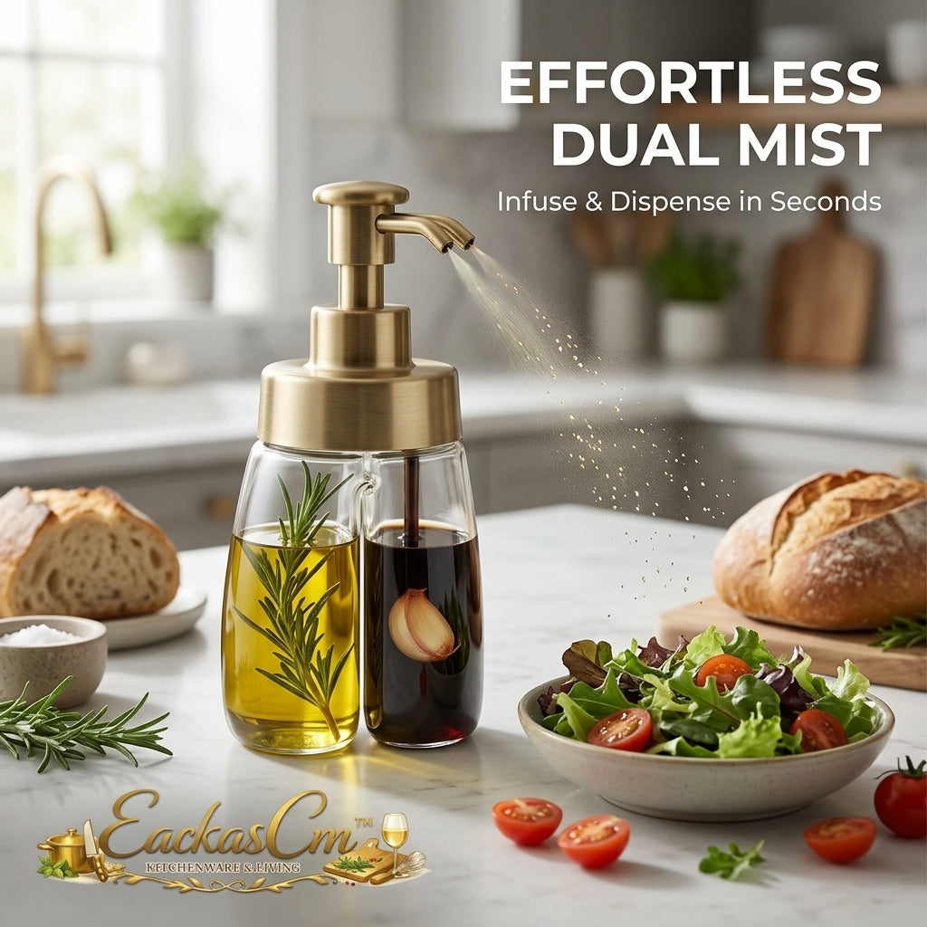 EackasCm™ 2-in-1 Dual Oil Sprayer and Vinegar Dispenser | Premium Glass Dual-Chamber Cooking Spray Bottle for Salad Dressing, Air Fryer, Grilling & Baking | Effortless Dual Mist Infuser & Dispenser with Elegant Brass-Finished Pump