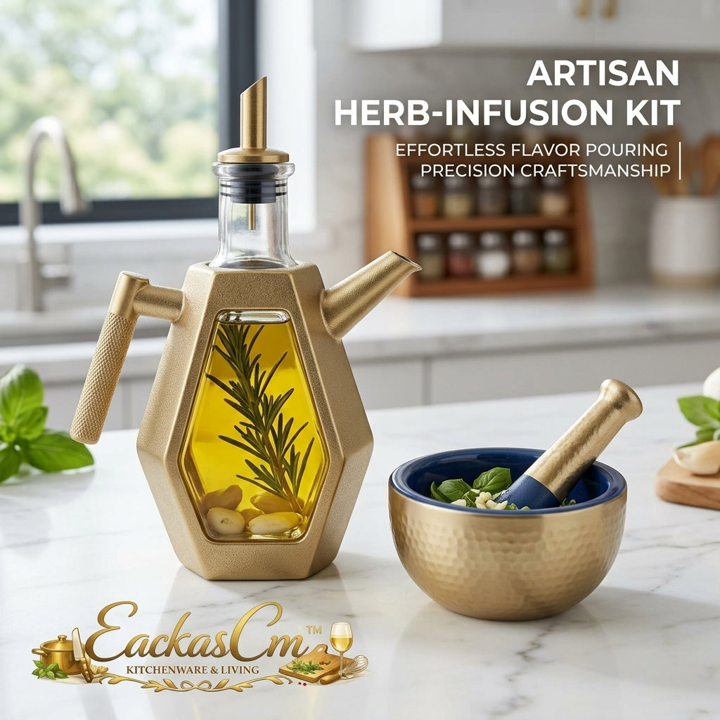 EackasCm™ Artisan Herb-Infusion Kit - Luxury Geometric Gold Oil Dispenser Bottle & Hammered Mortar and Pestle Set | Precision Drizzle Cruet & Ceramic Herb Grinder for Culinary Cooking & High-End Kitchen Decor